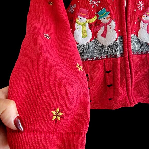 Vintage Red Christmas Snowman Knit Cardigan Sweater Womens Zip Up Holiday Winter - Picture 3 of 16